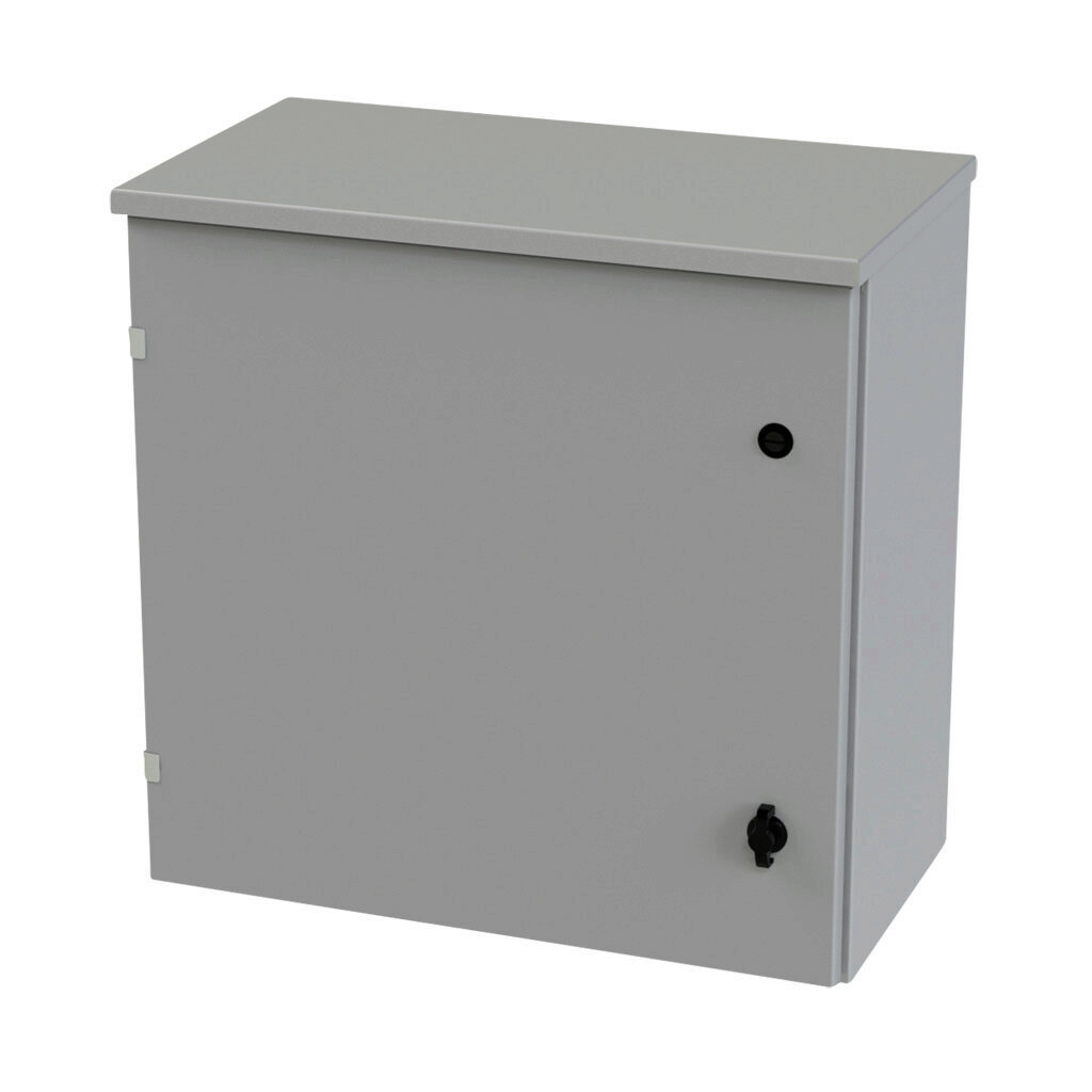 SCE-24R2412LP - Saginaw enclosure, NEMA 3R, 24 x 24 x 12in (HxWxD), wall mount, carbon steel, ANSI 61 gray, powder coat finish, single-door, 1/4-turn padlocking wing handle.