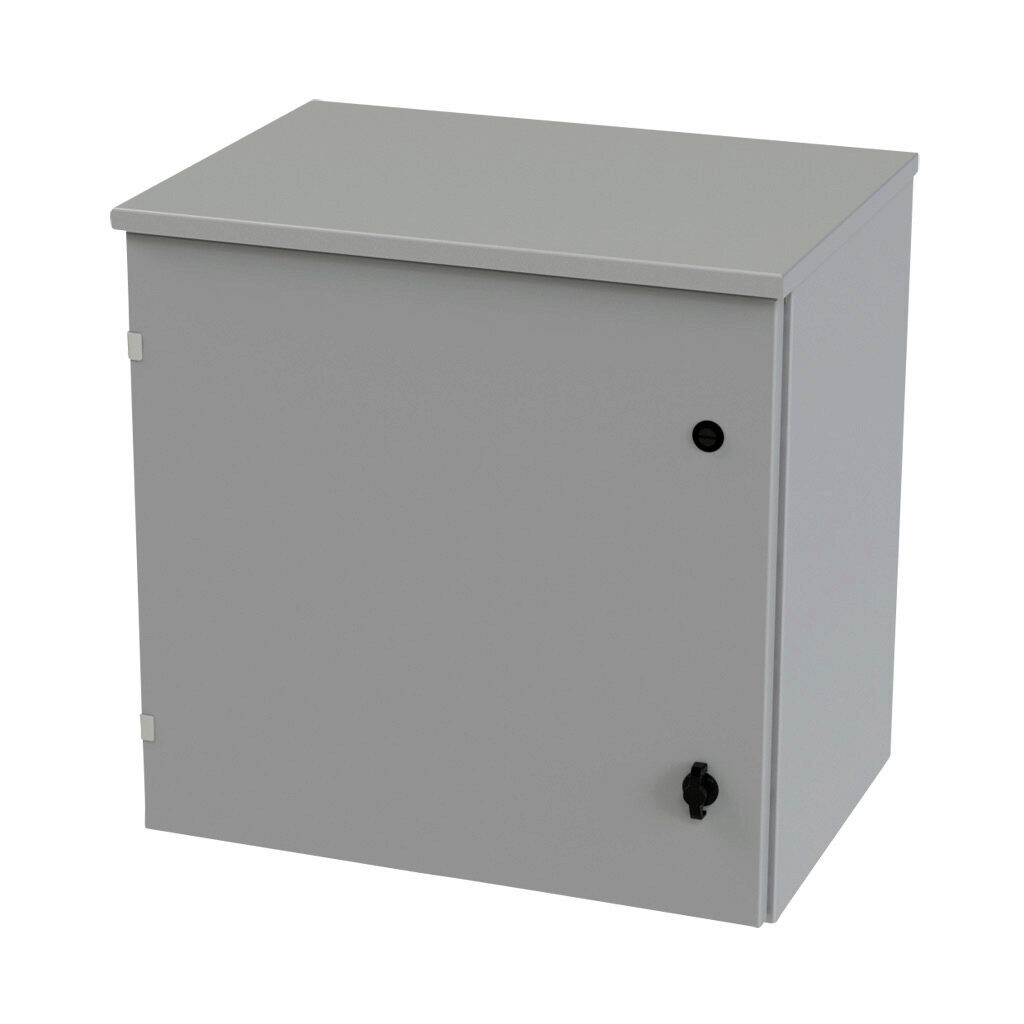 SCE-24R2416LP - Saginaw enclosure, NEMA 3R, 24 x 24 x 16in (HxWxD), wall mount, carbon steel, ANSI 61 gray, powder coat finish, single-door, 1/4-turn padlocking wing handle.