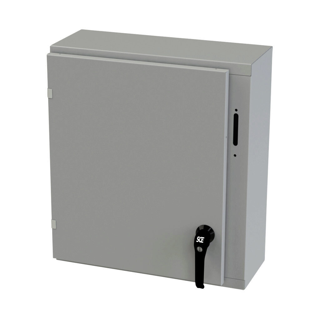 SCE-24XEL2108LP - Saginaw Enviroline series disconnect enclosure, NEMA 3R/4/12/13, right flange, 24 x 21 x 8in (HxWxD), wall mount, carbon steel, ANSI 61 gray, powder coat finish, single-door, 2-point padlocking handle, purchase subpanel separately.