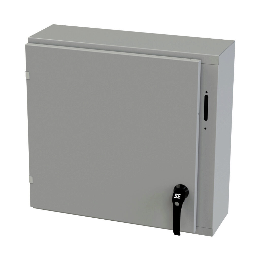 SCE-24XEL2508LP - Saginaw Enviroline series disconnect enclosure, NEMA 3R/4/12/13, right flange, 24 x 25 x 8in (HxWxD), wall mount, carbon steel, ANSI 61 gray, powder coat finish, single-door, 2-point padlocking handle, purchase subpanel separately.