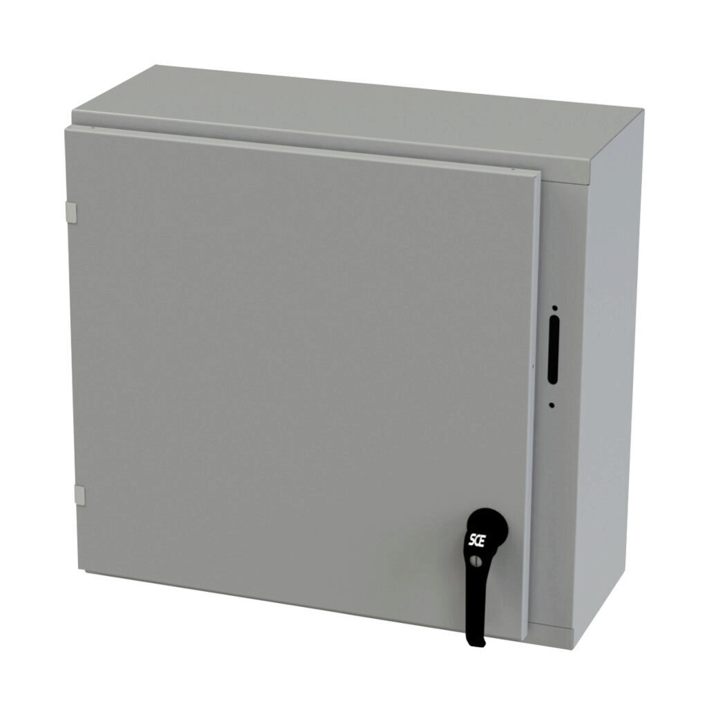 SCE-24XEL2510LP - Saginaw Enviroline series disconnect enclosure, NEMA 3R/4/12/13, right flange, 24 x 25 x 10in (HxWxD), wall mount, carbon steel, ANSI 61 gray, powder coat finish, single-door, 2-point padlocking handle, purchase subpanel separately.