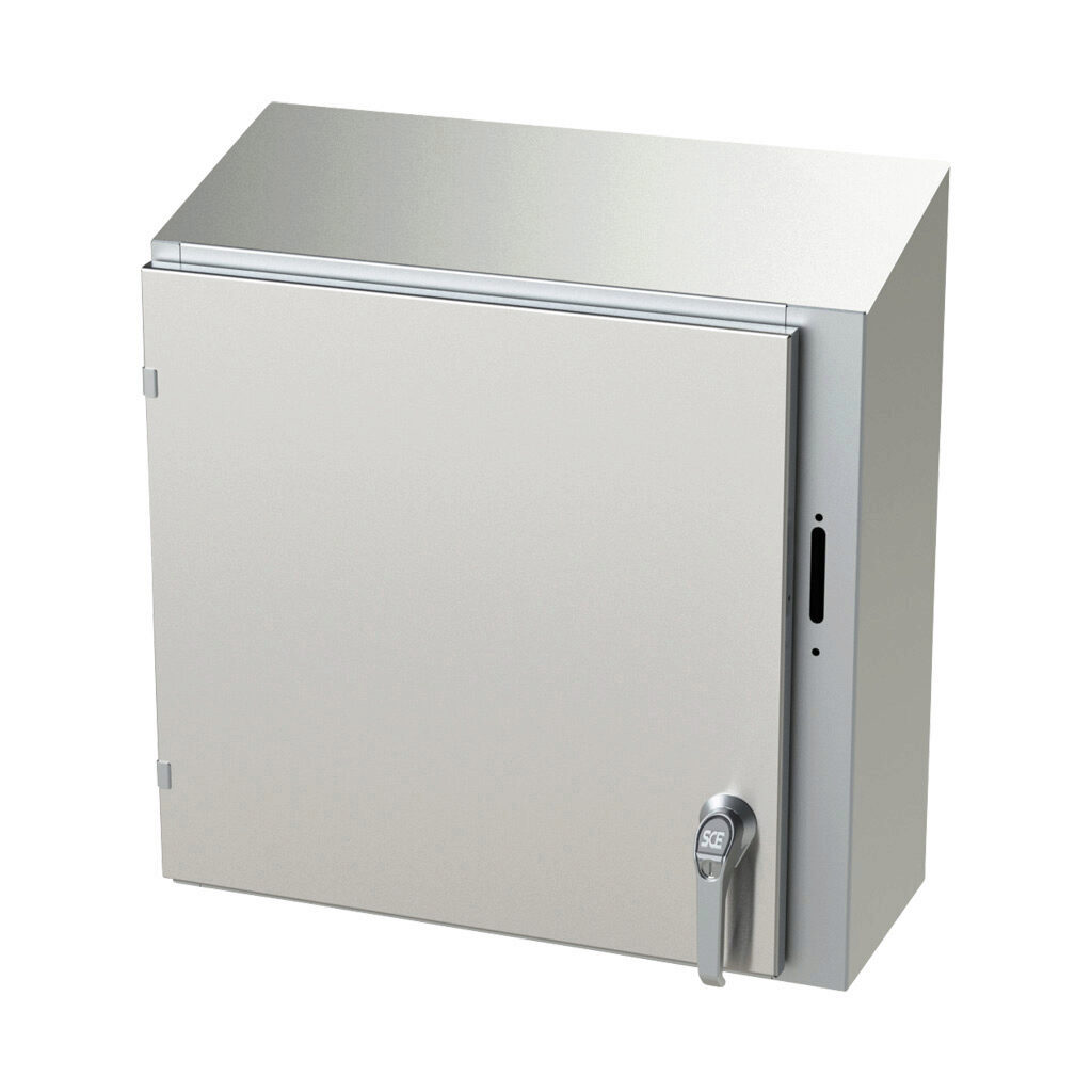 SCE-24XEL2510SSST - Saginaw Enviroline series disconnect enclosure, slope top, NEMA 3R/4/4X/12/13, right flange, 24 x 25 x 10in (HxWxD), wall mount, 304 stainless steel, #4 brush finish, single-door, 2-point padlocking handle, purchase subpanel se...