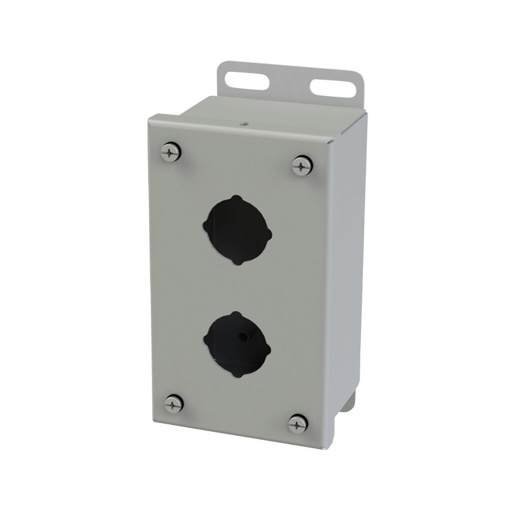 SCE-2PB - Saginaw pushbutton enclosure, 2 holes, 30mm, NEMA 4/12/13, 6 x 4 x 3in (HxWxD), wall mount, carbon steel, ANSI 61 gray, powder coat finish, screw cover.