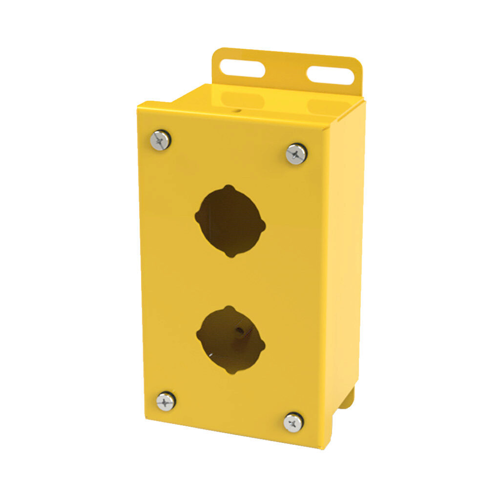 SCE-2PB-RAL1018 - Saginaw pushbutton enclosure, 2 holes, 30mm, NEMA 4/12/13, 6 x 4 x 3in (HxWxD), wall mount, carbon steel, RAL 1018 yellow, powder coat finish, screw cover.