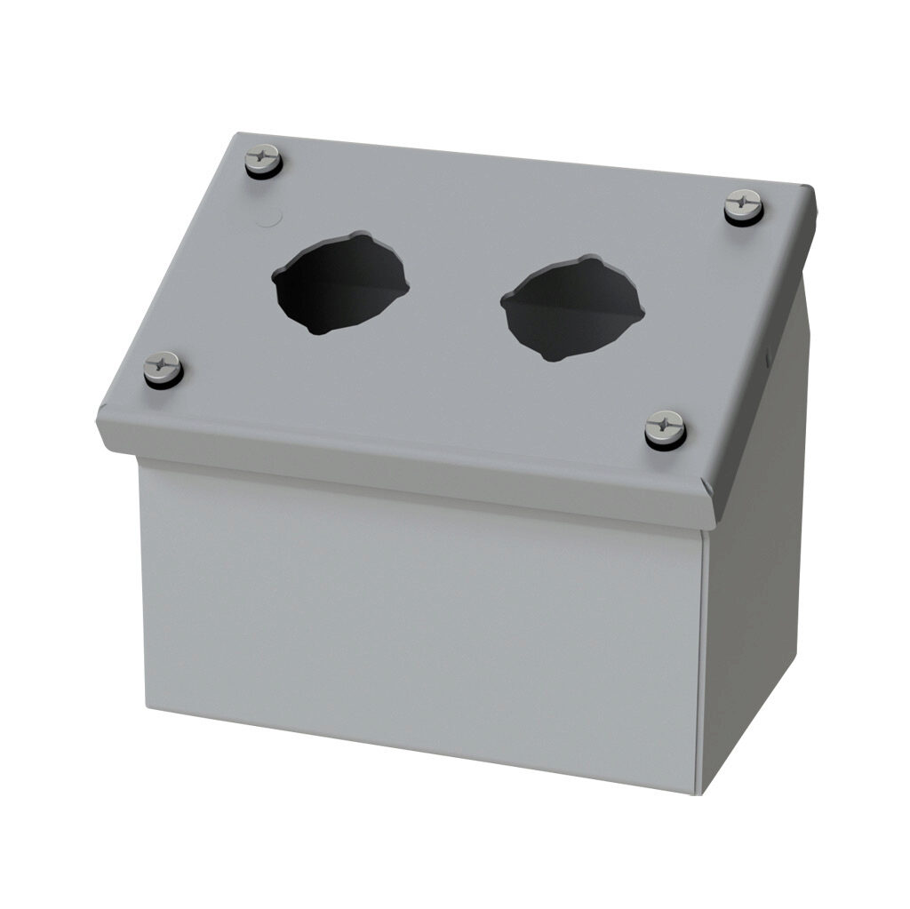 SCE-2PBA - Saginaw pushbutton consolet, 2 holes, 30mm, NEMA 4/12/13, 4 x 6 x 5in (HxWxD), wall mount, carbon steel, ANSI 61 gray, powder coat finish, screw cover.