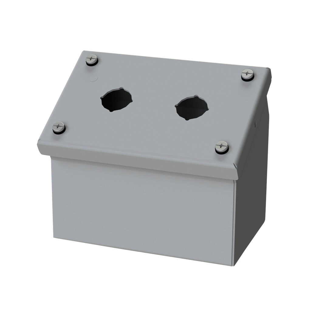 SCE-2PBAI - Saginaw pushbutton consolet, 2 holes, 22mm, NEMA 4/12/13, 4 x 6 x 5in (HxWxD), wall mount, carbon steel, ANSI 61 gray, powder coat finish, screw cover.