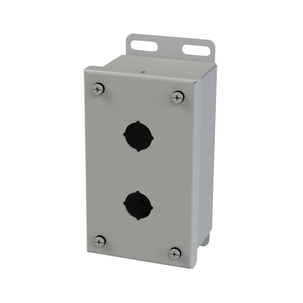 SCE-2PBI - Saginaw pushbutton enclosure, 2 holes, 22mm, NEMA 4/12/13, 6 x 4 x 3in (HxWxD), wall mount, carbon steel, ANSI 61 gray, powder coat finish, screw cover.