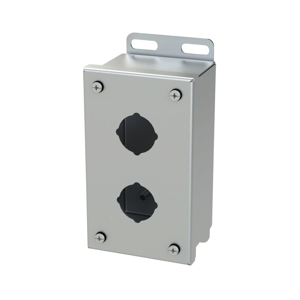 SCE-2PBSS - Saginaw pushbutton enclosure, 2 holes, 30mm, NEMA 4/4X/12/13, 6 x 4 x 3in (HxWxD), wall mount, 304 stainless steel, #4 brush finish, screw cover.