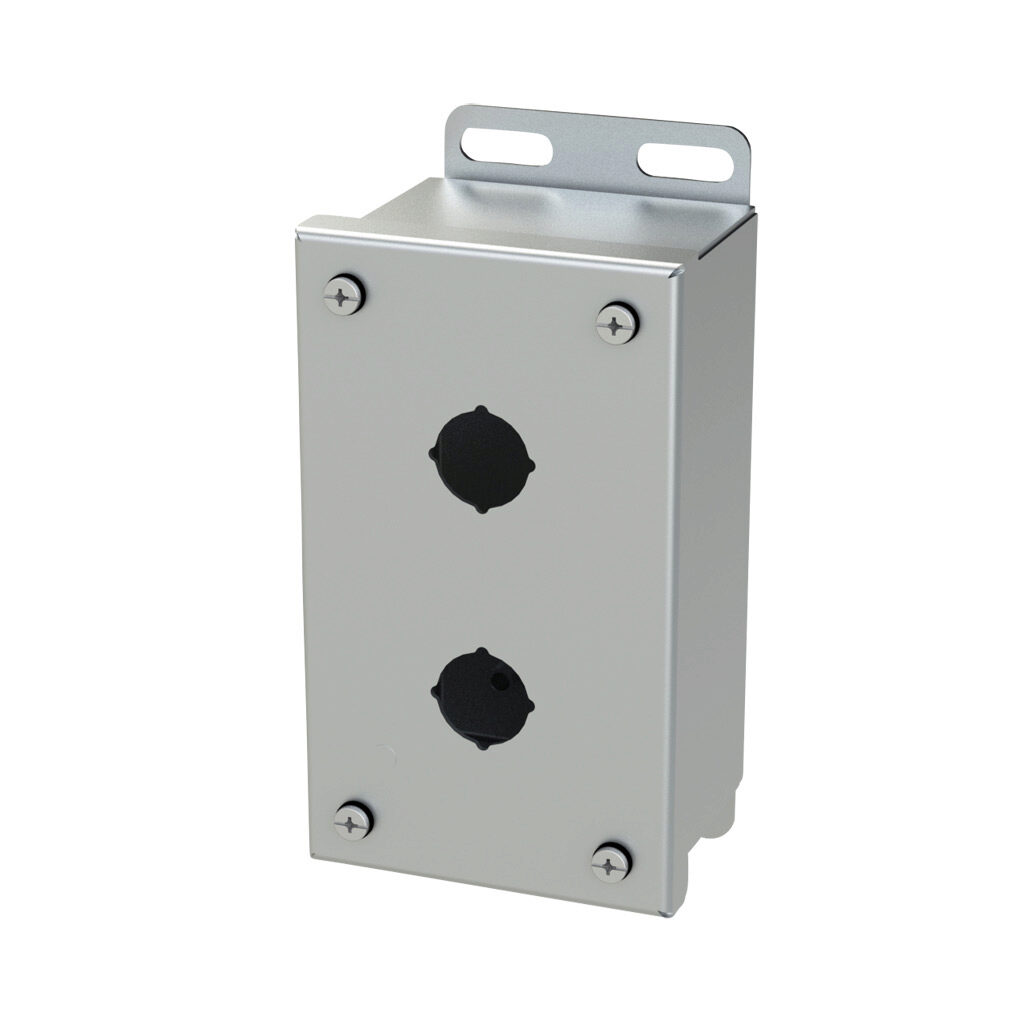 SCE-2PBSS6I - Saginaw pushbutton enclosure, 2 holes, 22mm, NEMA 4/4X/12/13, 6 x 4 x 3in (HxWxD), wall mount, 316L stainless steel, #4 brush finish, screw cover.