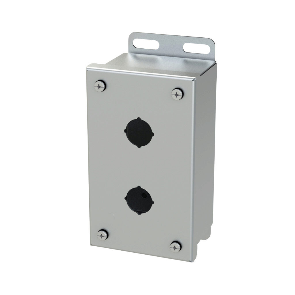 SCE-2PBSSI - Saginaw pushbutton enclosure, 2 holes, 22mm, NEMA 4/4X/12/13, 6 x 4 x 3in (HxWxD), wall mount, 304 stainless steel, #4 brush finish, screw cover.