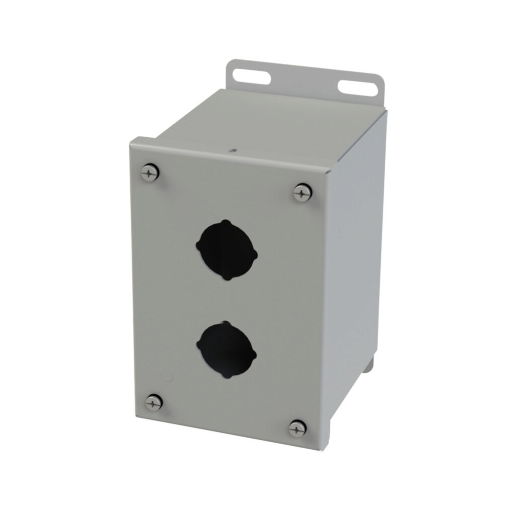 SCE-2PBX - Saginaw pushbutton enclosure, 2 holes, 30mm, NEMA 4/12/13, 6 x 4 x 5in (HxWxD), wall mount, carbon steel, ANSI 61 gray, powder coat finish, screw cover.