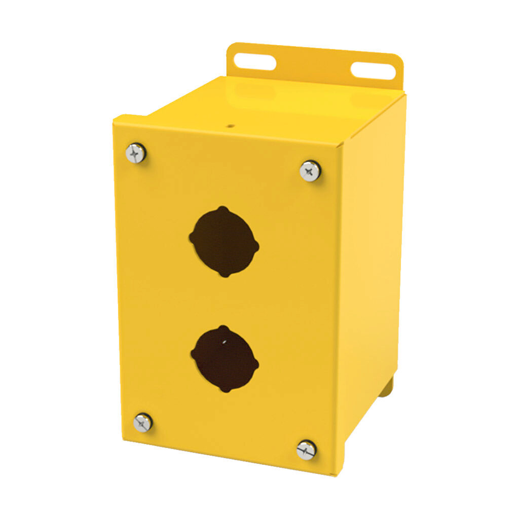 SCE-2PBX-RAL1018 - Saginaw pushbutton enclosure, 2 holes, 30mm, NEMA 4/12/13, 6 x 4 x 5in (HxWxD), wall mount, carbon steel, RAL 1018 yellow, powder coat finish, screw cover.
