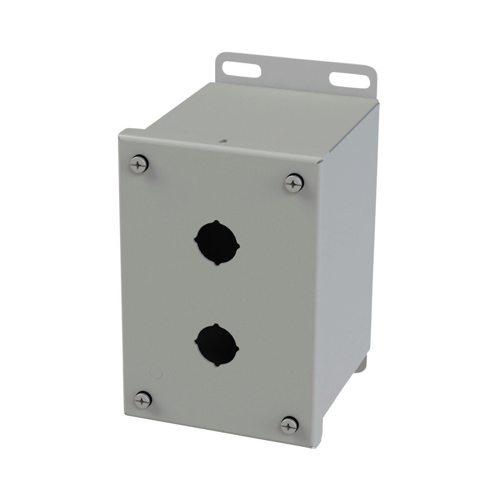 SCE-2PBXI - Saginaw pushbutton enclosure, 2 holes, 22mm, NEMA 4/12/13, 6 x 4 x 5in (HxWxD), wall mount, carbon steel, ANSI 61 gray, powder coat finish, screw cover.