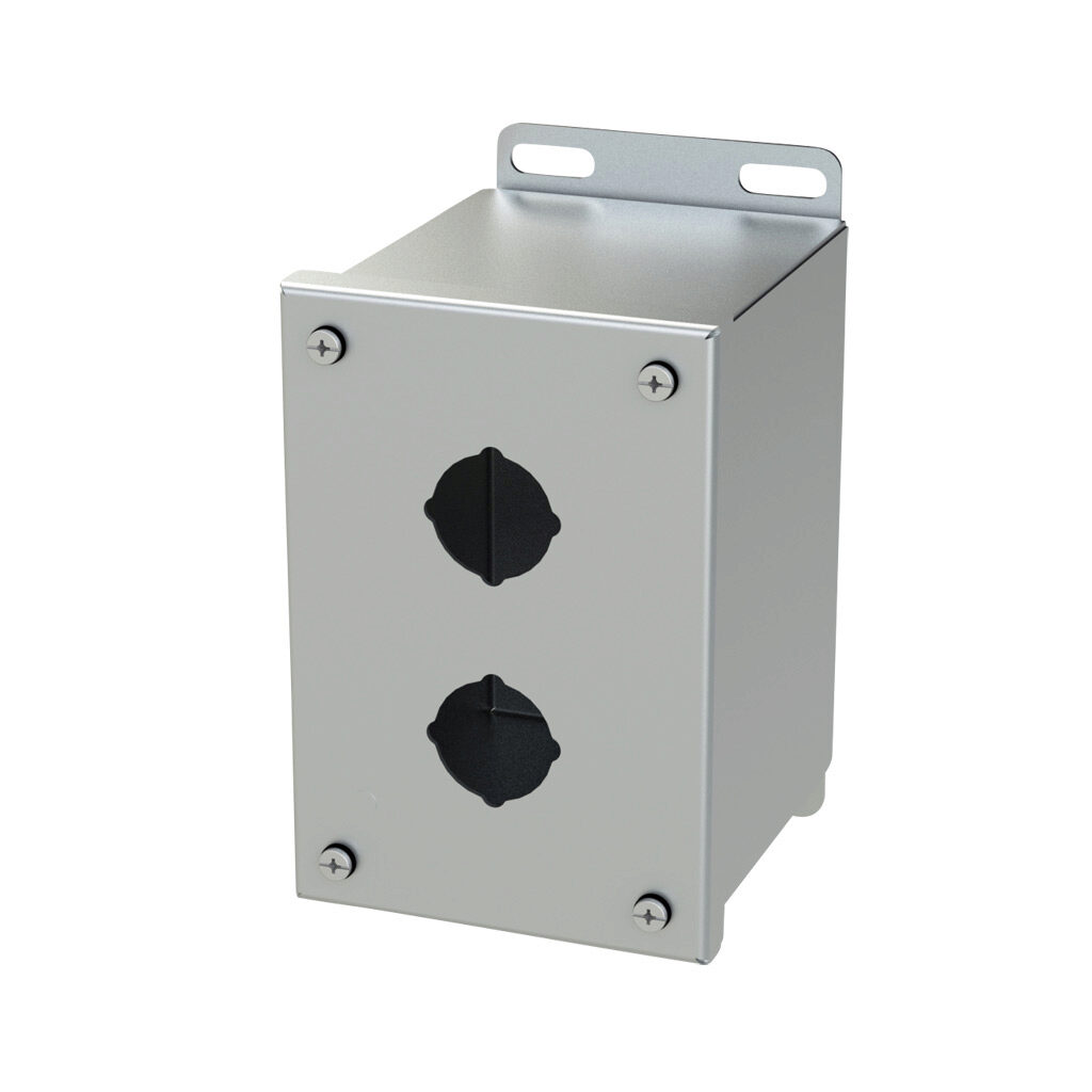 SCE-2PBXSS - Saginaw pushbutton enclosure, 2 holes, 30mm, NEMA 4/4X/12/13, 6 x 4 x 5in (HxWxD), wall mount, 304 stainless steel, #4 brush finish, screw cover.