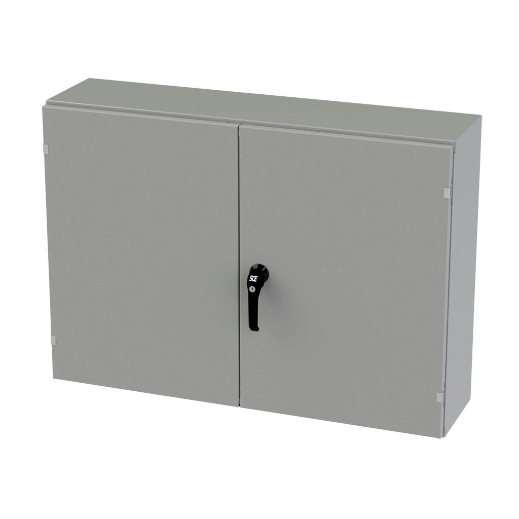 SCE-304210WFLP - Saginaw enclosure, NEMA 3R/12/13, 30 x 42 x 10in (HxWxD), wall mount, carbon steel, ANSI 61 gray, powder coat finish, double-door, 3-point keylocking/padlocking combo handle.