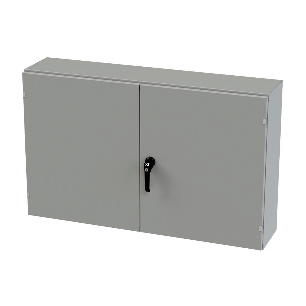 SCE-304810WFLP - Saginaw enclosure, NEMA 3R/12/13, 30 x 48 x 10in (HxWxD), wall mount, carbon steel, ANSI 61 gray, powder coat finish, double-door, 3-point keylocking/padlocking combo handle.