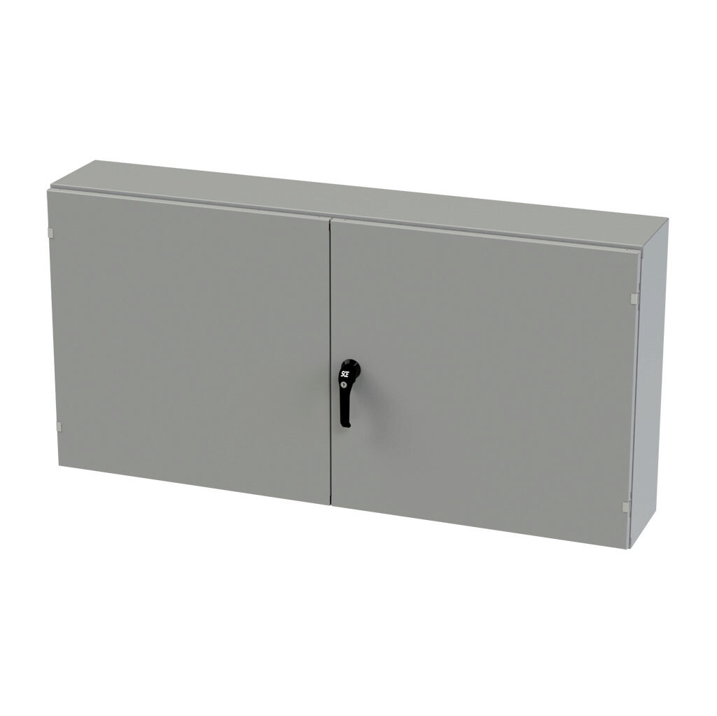 SCE-306010WFLP - Saginaw enclosure, NEMA 3R/12/13, 30 x 60 x 10in (HxWxD), wall mount, carbon steel, ANSI 61 gray, powder coat finish, double-door, 3-point keylocking/padlocking combo handle.