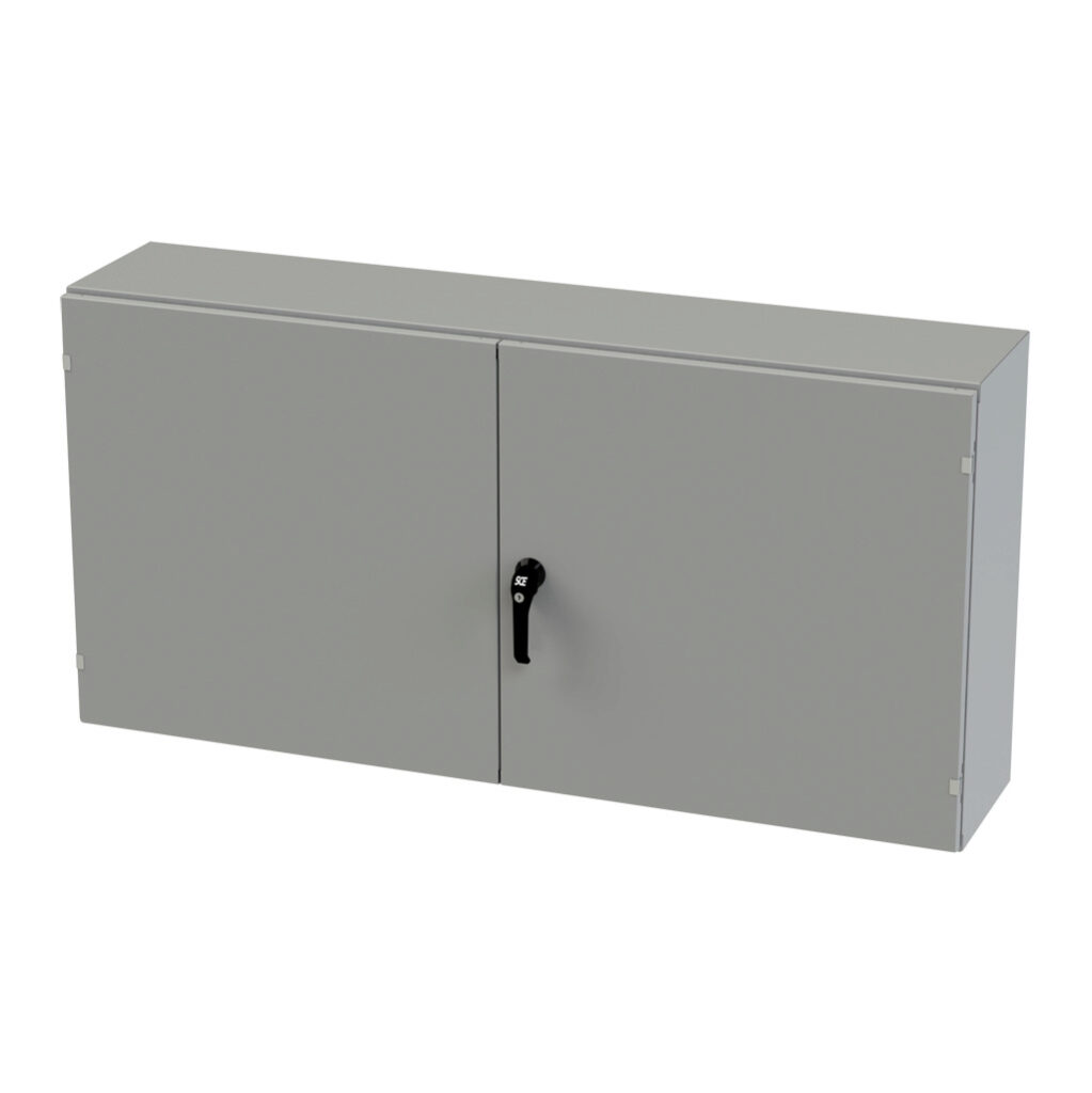 SCE-306012WFLP - Saginaw enclosure, NEMA 3R/12/13, 30 x 60 x 12in (HxWxD), wall mount, carbon steel, ANSI 61 gray, powder coat finish, double-door, 3-point keylocking/padlocking combo handle.