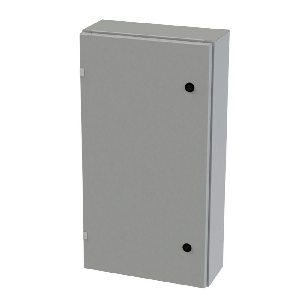 SCE-30EL1606LP - Saginaw Enviroline series enclosure, NEMA 3R/4/12/13, 30 x 16 x 6in (HxWxD), wall mount, carbon steel, ANSI 61 gray, powder coat finish, single-door, 1/4-turn semi-flush latch.
