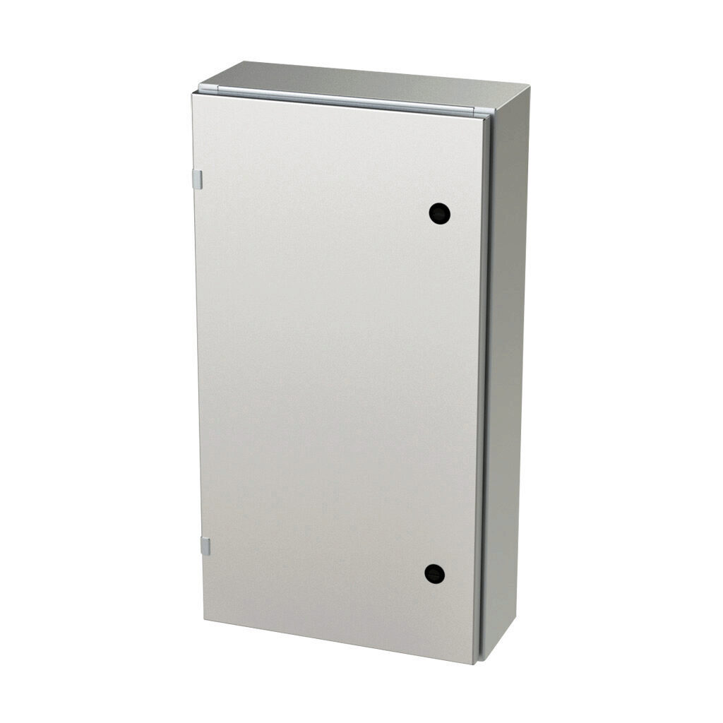 SCE-30EL1606SSLP - Saginaw Enviroline series enclosure, NEMA 3R/4/4X/12/13, 30 x 16 x 6in (HxWxD), wall mount, 304 stainless steel, #4 brush finish, single-door, 1/4-turn semi-flush latch.