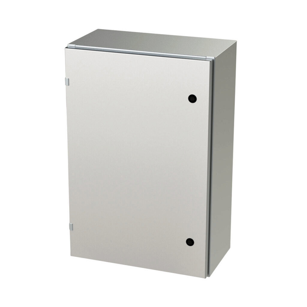 SCE-30EL2010SSLP - Saginaw Enviroline series enclosure, NEMA 3R/4/4X/12/13, 30 x 20 x 10in (HxWxD), wall mount, 304 stainless steel, #4 brush finish, single-door, 1/4-turn semi-flush latch.