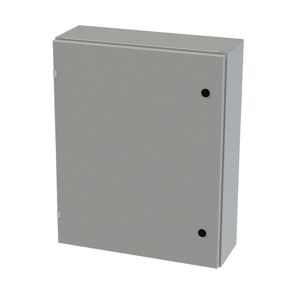SCE-30EL2408LP - Saginaw Enviroline series enclosure, NEMA 3R/4/12/13, 30 x 24 x 8in (HxWxD), wall mount, carbon steel, ANSI 61 gray, powder coat finish, single-door, 1/4-turn semi-flush latch.