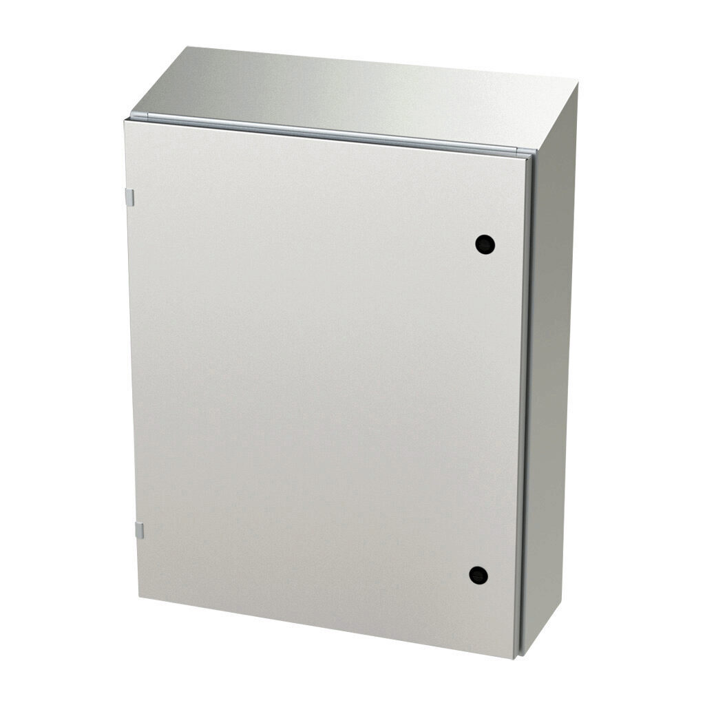 SCE-30EL2408SSST - Saginaw Enviroline series enclosure, slope top, NEMA 3R/4/4X/12/13, 30 x 24 x 8in (HxWxD), wall mount, 304 stainless steel, #4 brush finish, single-door, 1/4-turn semi-flush latch.
