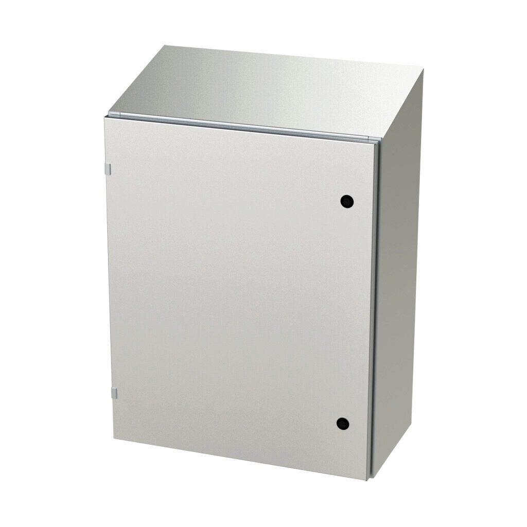 SCE-30EL2412SSST - Saginaw Enviroline series enclosure, slope top, NEMA 3R/4/4X/12/13, 30 x 24 x 12in (HxWxD), wall mount, 304 stainless steel, #4 brush finish, single-door, 1/4-turn semi-flush latch.