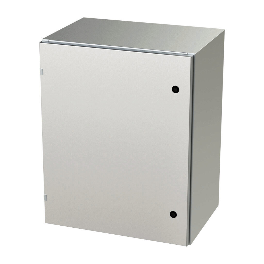 SCE-30EL2416SS6LP - Saginaw Enviroline series enclosure, NEMA 3R/4/4X/12/13, 30 x 24 x 16in (HxWxD), wall mount, 316L stainless steel, #4 brush finish, single-door, 1/4-turn semi-flush latch.