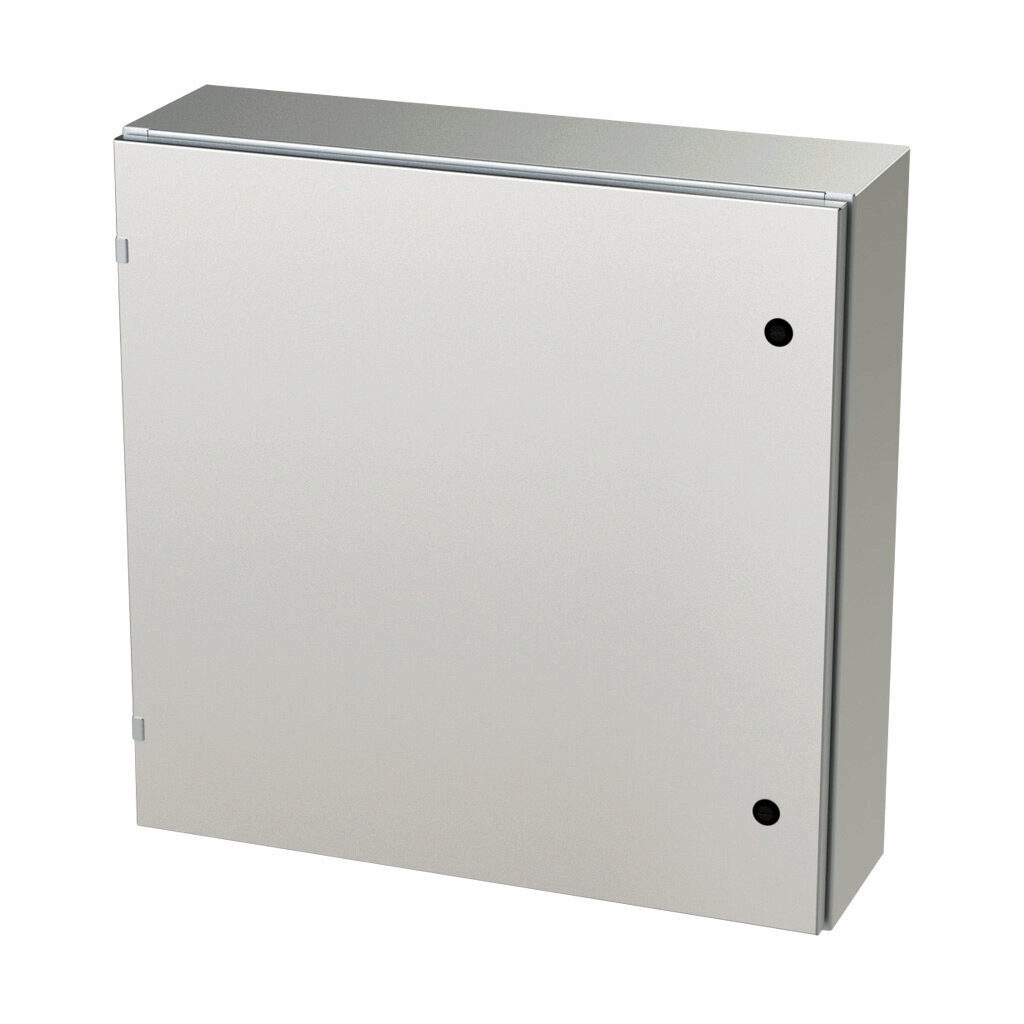 SCE-30EL3008SS6LP - Saginaw Enviroline series enclosure, NEMA 3R/4/4X/12/13, 30 x 30 x 8in (HxWxD), wall mount, 316L stainless steel, #4 brush finish, single-door, 1/4-turn semi-flush latch.
