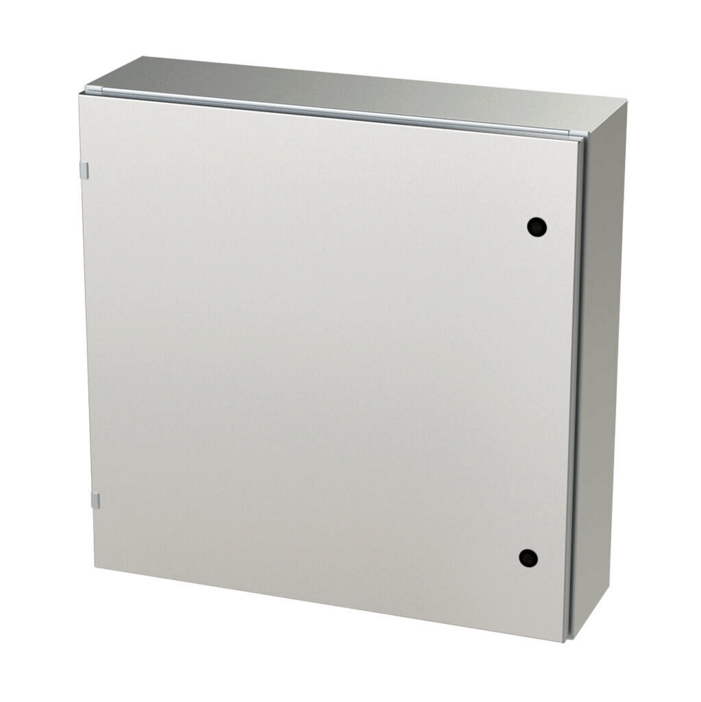 SCE-30EL3008SSLP - Saginaw Enviroline series enclosure, NEMA 3R/4/4X/12/13, 30 x 30 x 8in (HxWxD), wall mount, 304 stainless steel, #4 brush finish, single-door, 1/4-turn semi-flush latch.