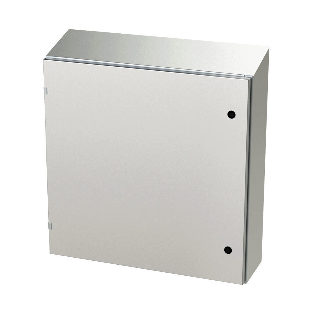 SCE-30EL3008SSST - Saginaw Enviroline series enclosure, slope top, NEMA 3R/4/4X/12/13, 30 x 30 x 8in (HxWxD), wall mount, 304 stainless steel, #4 brush finish, single-door, 1/4-turn semi-flush latch.