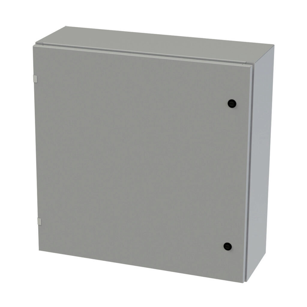 SCE-30EL3010LP - Saginaw Enviroline series enclosure, NEMA 3R/4/12/13, 30 x 30 x 10in (HxWxD), wall mount, carbon steel, ANSI 61 gray, powder coat finish, single-door, 1/4-turn semi-flush latch.