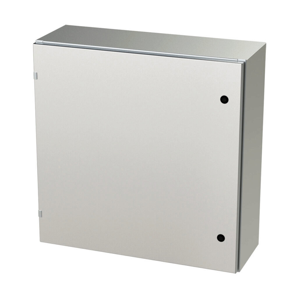 SCE-30EL3010SS6LP - Saginaw Enviroline series enclosure, NEMA 3R/4/4X/12/13, 30 x 30 x 10in (HxWxD), wall mount, 316L stainless steel, #4 brush finish, single-door, 1/4-turn semi-flush latch.