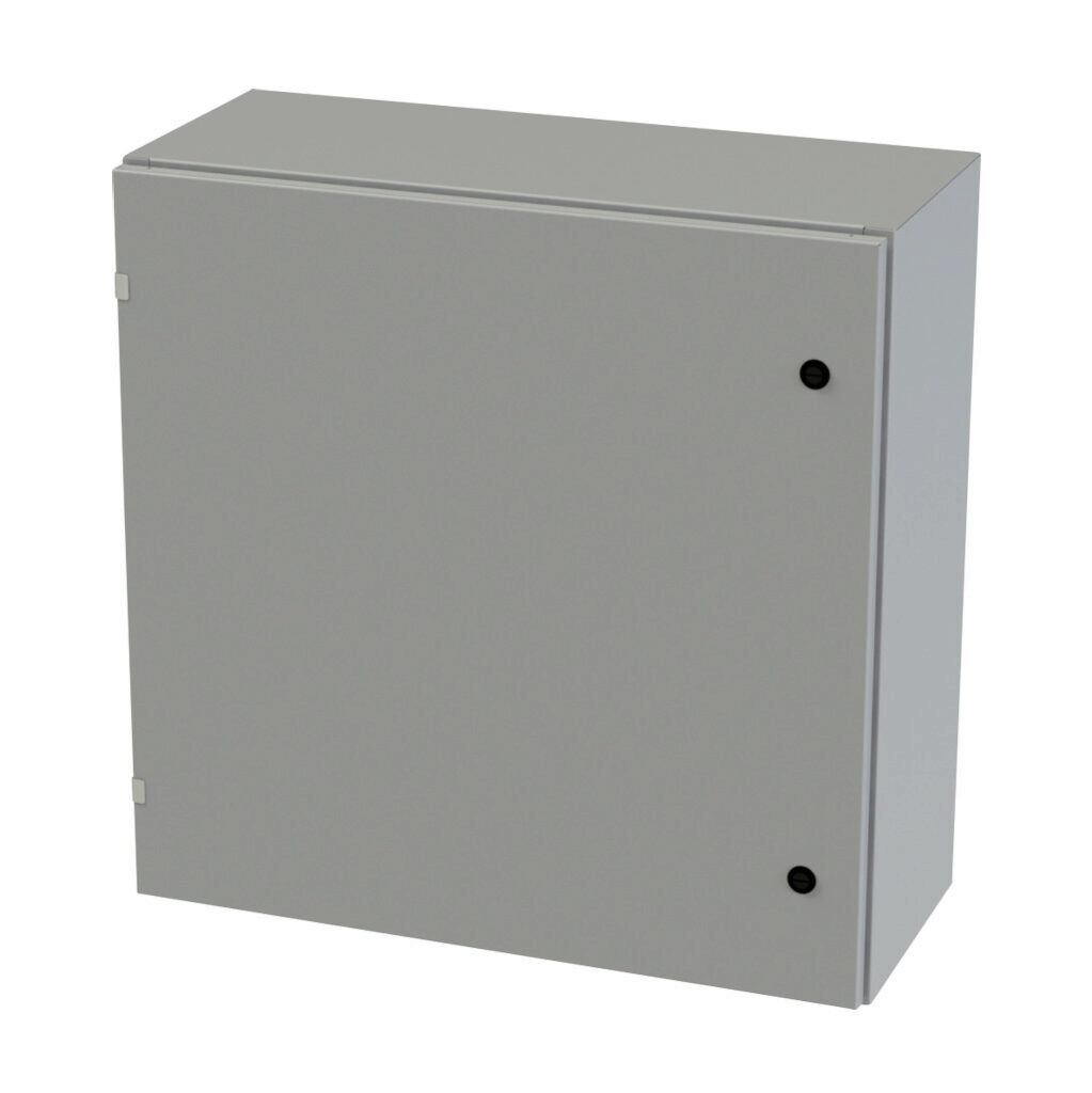 SCE-30EL3012LP - Saginaw Enviroline series enclosure, NEMA 3R/4/12/13, 30 x 30 x 12in (HxWxD), wall mount, carbon steel, ANSI 61 gray, powder coat finish, single-door, 1/4-turn semi-flush latch.