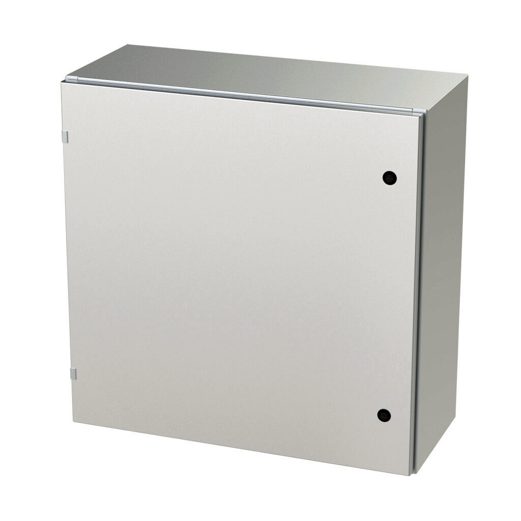 SCE-30EL3012SS6LP - Saginaw Enviroline series enclosure, NEMA 3R/4/4X/12/13, 30 x 30 x 12in (HxWxD), wall mount, 316L stainless steel, #4 brush finish, single-door, 1/4-turn semi-flush latch.