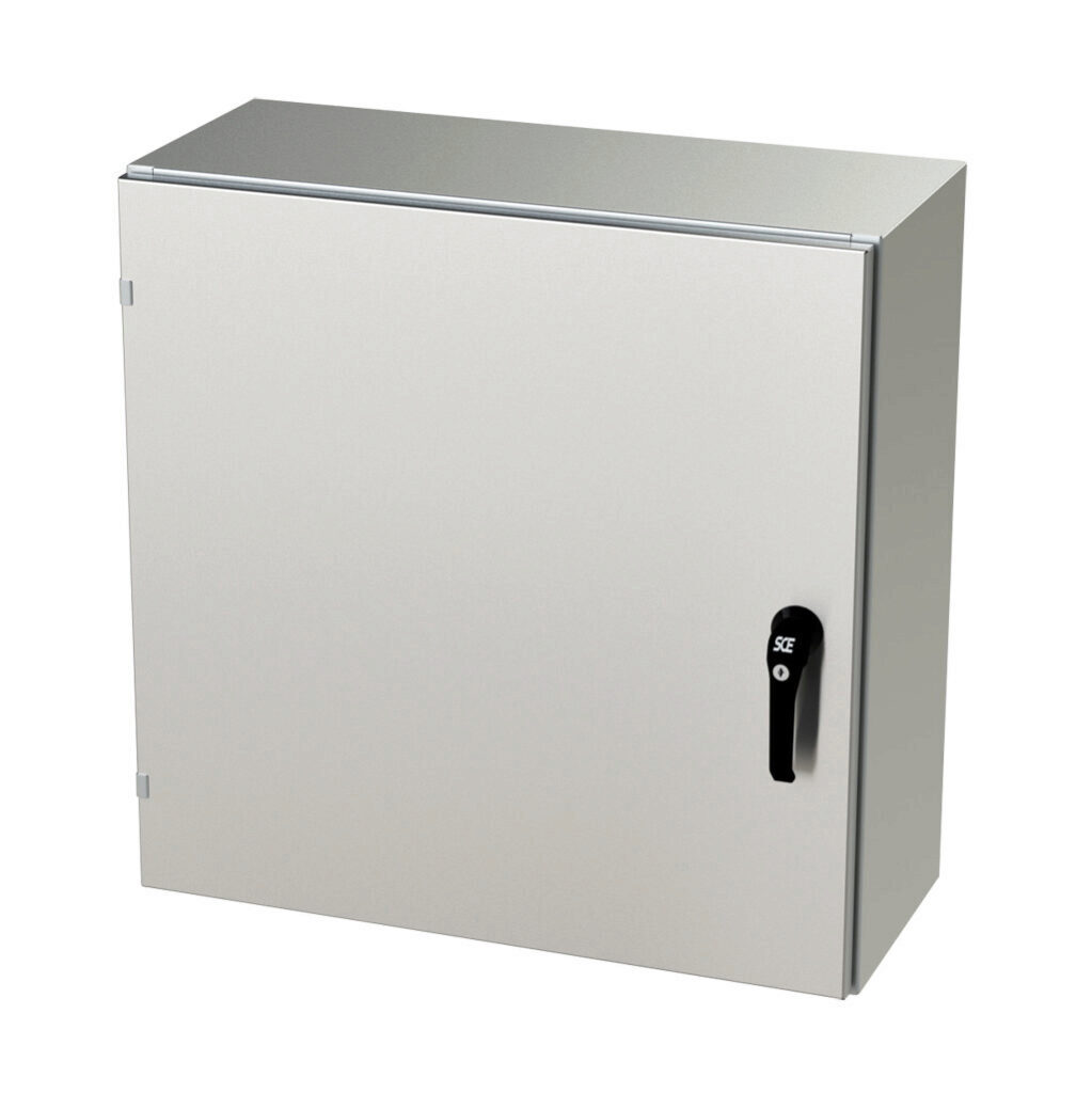 SCE-30EL3012SS6LPPL - Saginaw Enviroline series enclosure, NEMA 3R/4/4X/12/13, 30 x 30 x 12in (HxWxD), wall mount, 316L stainless steel, #4 brush finish, single-door, 3-point keylocking/padlocking combo handle.