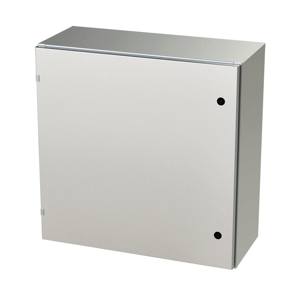 SCE-30EL3012SSLP - Saginaw Enviroline series enclosure, NEMA 3R/4/4X/12/13, 30 x 30 x 12in (HxWxD), wall mount, 304 stainless steel, #4 brush finish, single-door, 1/4-turn semi-flush latch.