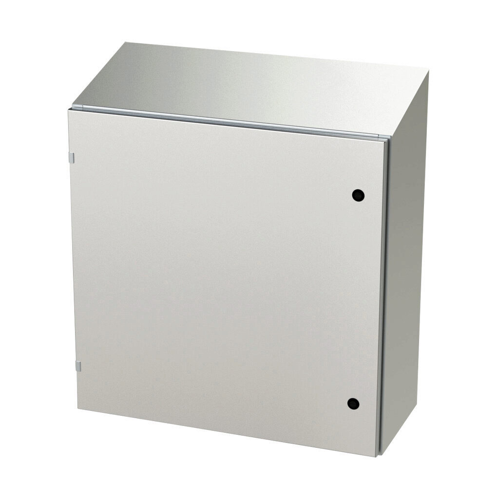 SCE-30EL3012SSST - Saginaw Enviroline series enclosure, slope top, NEMA 3R/4/4X/12/13, 30 x 30 x 12in (HxWxD), wall mount, 304 stainless steel, #4 brush finish, single-door, 1/4-turn semi-flush latch.