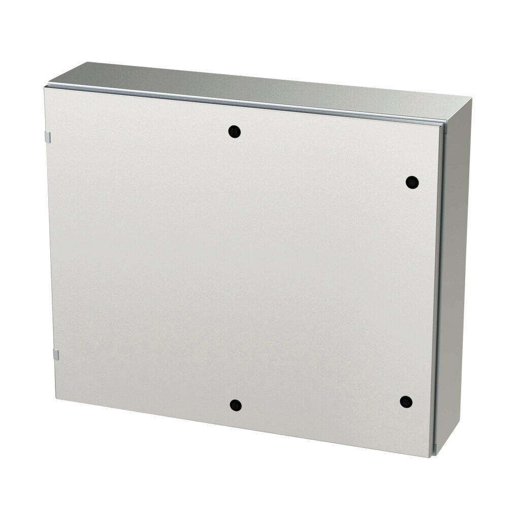 SCE-30EL3608SS6LP - Saginaw Enviroline series enclosure, NEMA 3R/4/4X/12/13, 30 x 36 x 8in (HxWxD), wall mount, 316L stainless steel, #4 brush finish, single-door, 1/4-turn semi-flush latch.