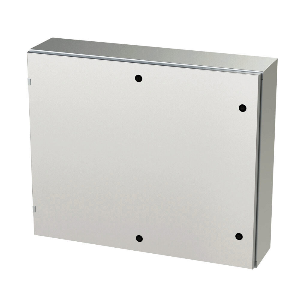 SCE-30EL3608SSLP - Saginaw Enviroline series enclosure, NEMA 3R/4/4X/12/13, 30 x 36 x 8in (HxWxD), wall mount, 304 stainless steel, #4 brush finish, single-door, 1/4-turn semi-flush latch.