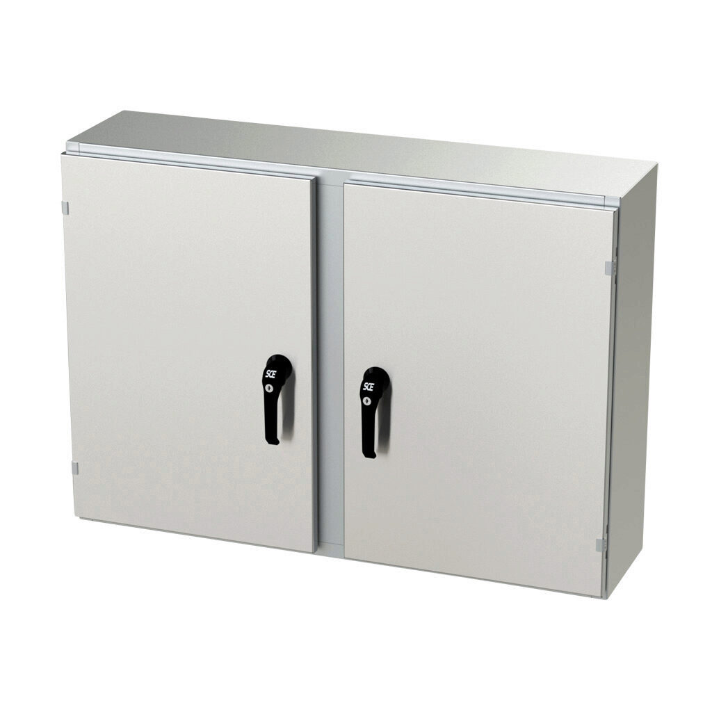 SCE-30EL4210SSWFLP - Saginaw Enviroline series enclosure, NEMA 3R/4/4X/12/13, 30 x 42 x 10in (HxWxD), wall mount, 304 stainless steel, #4 brush finish, 2-door, 3-point keylocking/padlocking combo handle.