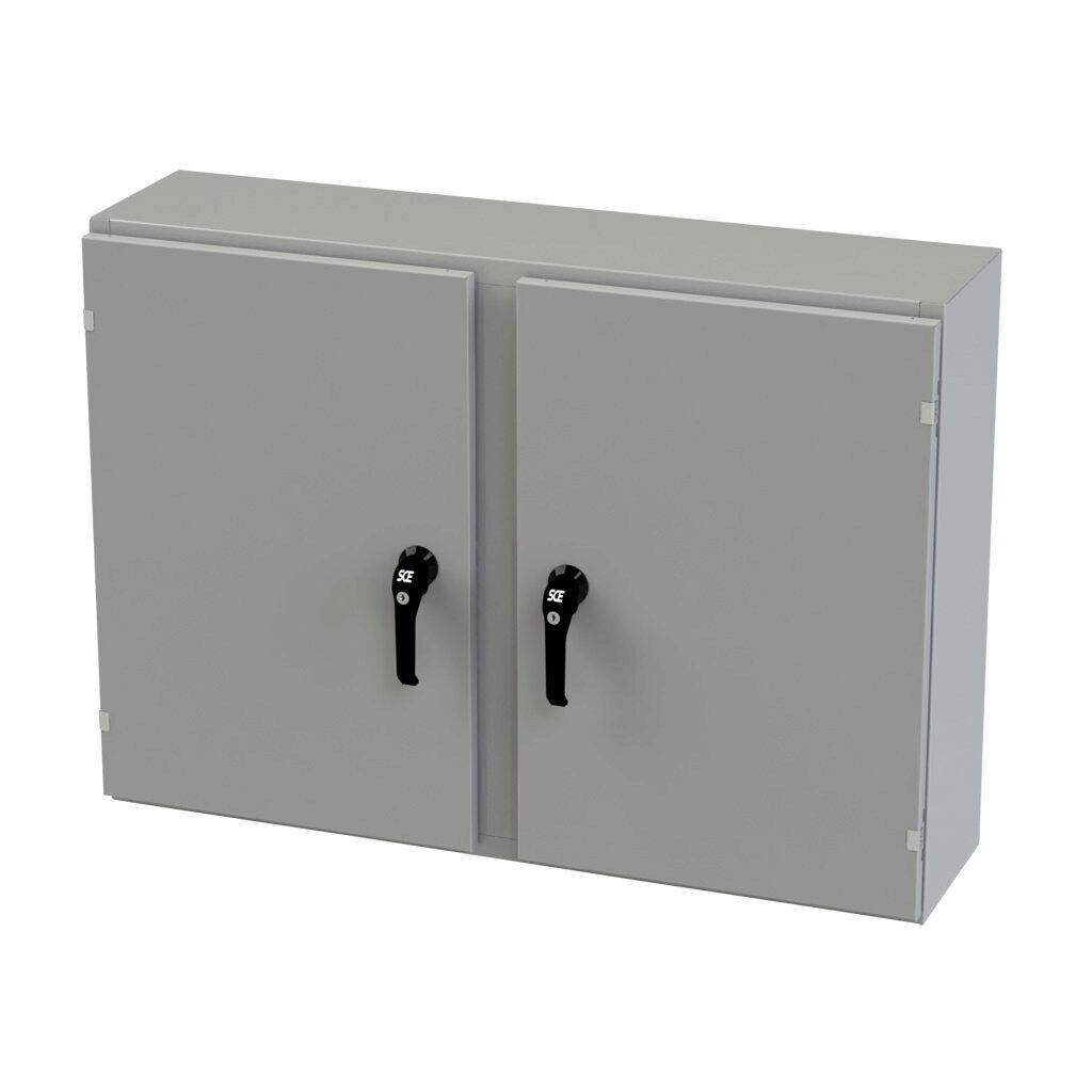 SCE-30EL4210WFLP - Saginaw Enviroline series enclosure, NEMA 3R/4/12/13, 30 x 42 x 10in (HxWxD), wall mount, carbon steel, ANSI 61 gray, powder coat finish, 2-door, 3-point keylocking/padlocking combo handle.