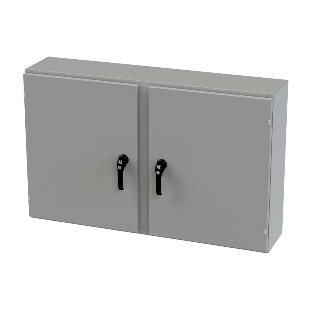 SCE-30EL4810WFLP - Saginaw Enviroline series enclosure, NEMA 3R/4/12/13, 30 x 48 x 10in (HxWxD), wall mount, carbon steel, ANSI 61 gray, powder coat finish, 2-door, 3-point keylocking/padlocking combo handle.