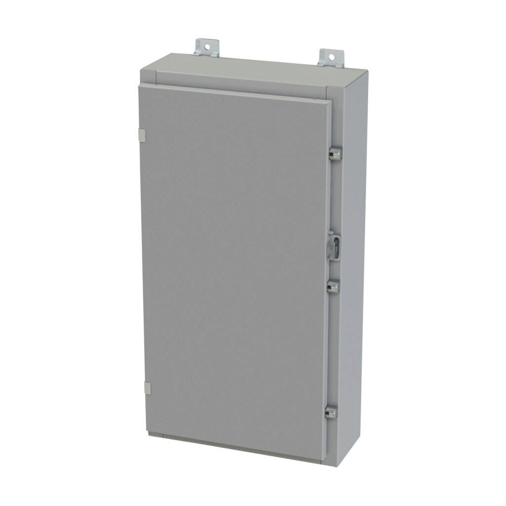 SCE-30H1606LP - Saginaw enclosure, NEMA 3R/4/12/13, 30 x 16 x 6in (HxWxD), wall mount, carbon steel, ANSI 61 gray, powder coat finish, single-door, plated steel clamps, padlock hasp and staple.