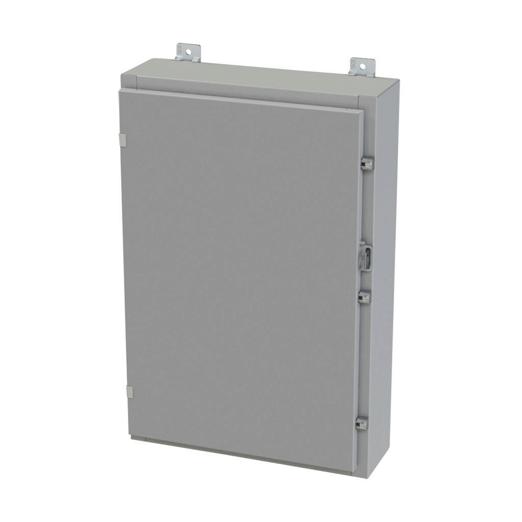 SCE-30H2006LP - Saginaw enclosure, NEMA 3R/4/12/13, 30 x 20 x 6in (HxWxD), wall mount, carbon steel, ANSI 61 gray, powder coat finish, single-door, plated steel clamps, padlock hasp and staple.