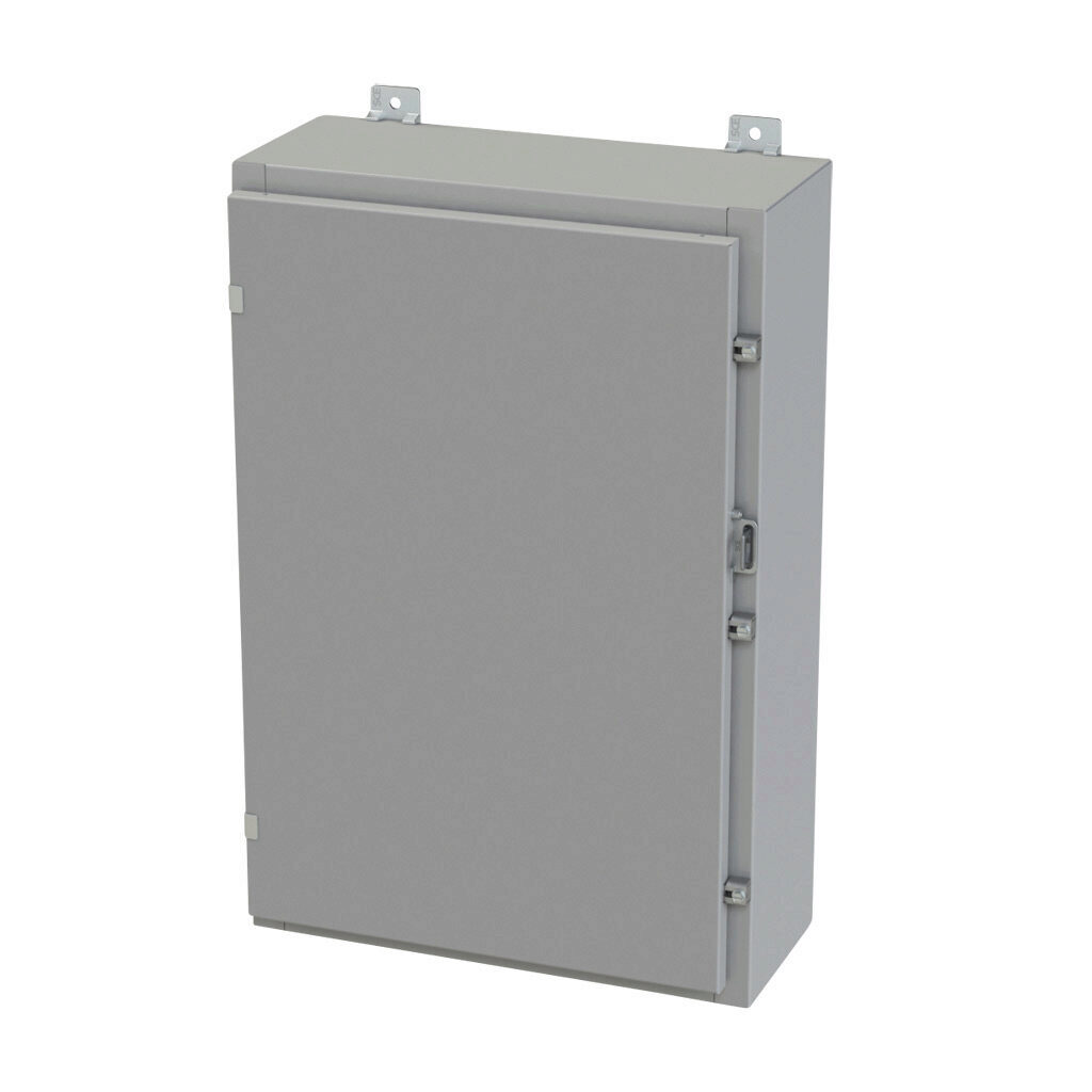 SCE-30H2008LP - Saginaw enclosure, NEMA 3R/4/12/13, 30 x 20 x 8in (HxWxD), wall mount, carbon steel, ANSI 61 gray, powder coat finish, single-door, plated steel clamps, padlock hasp and staple.