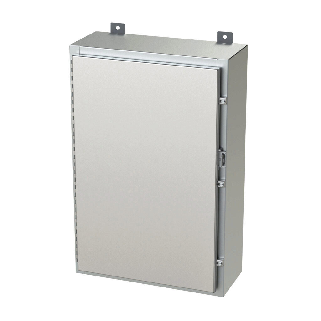 SCE-30H2008SS6LP - Saginaw enclosure, NEMA 3R/4/4X/12/13, 30 x 20 x 8in (HxWxD), wall mount, 316L stainless steel, #4 brush finish, single-door, stainless steel clamps, padlock hasp and staple.