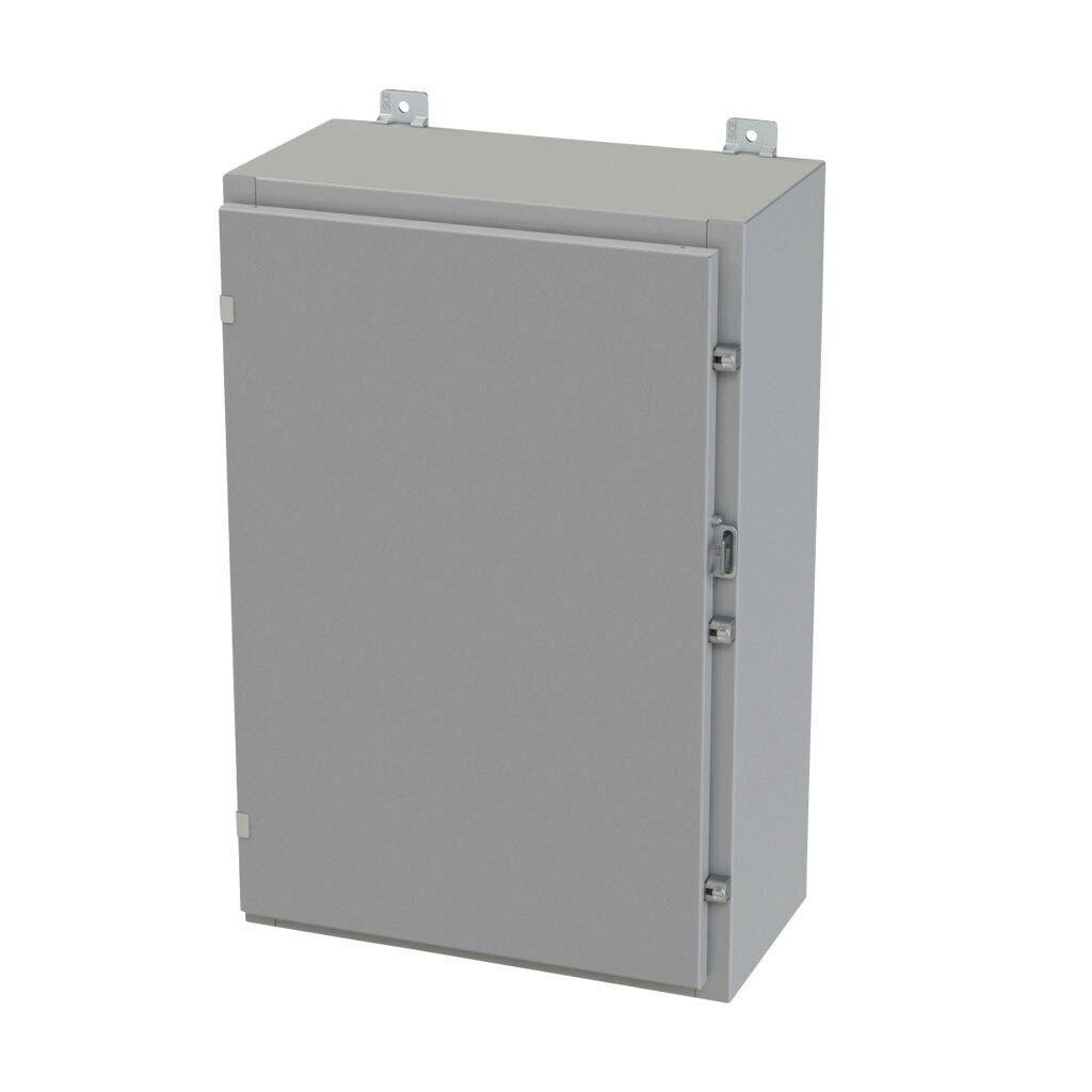 SCE-30H2010LP - Saginaw enclosure, NEMA 3R/4/12/13, 30 x 20 x 10in (HxWxD), wall mount, carbon steel, ANSI 61 gray, powder coat finish, single-door, plated steel clamps, padlock hasp and staple.