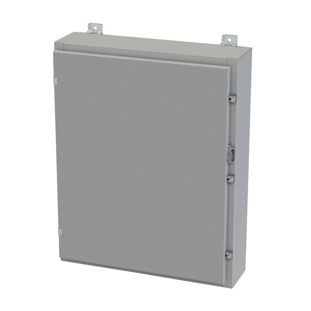 SCE-30H2406LP - Saginaw enclosure, NEMA 3R/4/12/13, 30 x 24 x 6in (HxWxD), wall mount, carbon steel, ANSI 61 gray, powder coat finish, single-door, plated steel clamps, padlock hasp and staple.